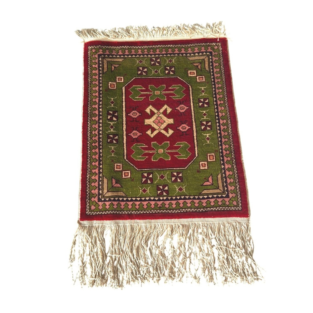 Vintage Miniature Mini Kilim Turkish Rug Decor Green Red 12x19 Silk Wool KC - Picture 8 of 10